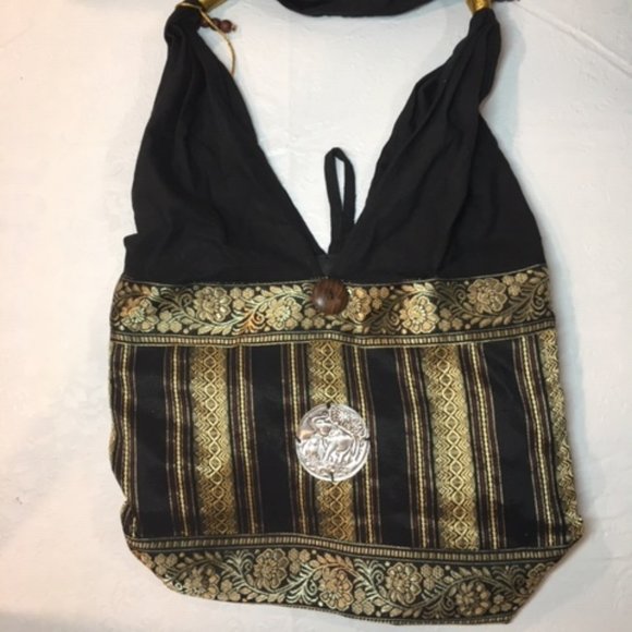 HOBO Hippie Bag 100% Cotton Metallic Handmade Elephant Emblem Black Gold - Picture 2 of 10